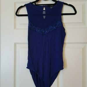Forever 21 Blue Mesh Insert Lace Trim Bodysuit